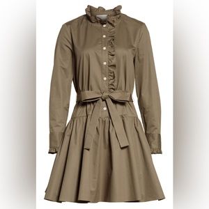 Kate Spade Broome Street olive Green Ruffle Neck poplin belted dress EUC